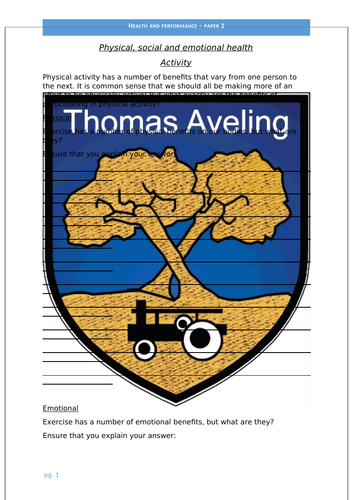 Physical, emotional and social health - Revision activities for Paper 2 Edexcel 9-1