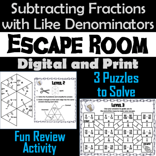 Subtracting Fractions with Like Denominators Game: Math Escape Room Activity