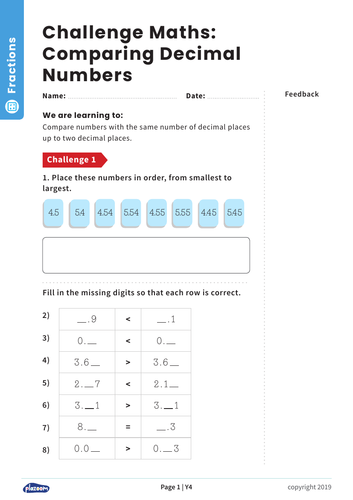 Comparing Decimal Numbers: Y4 – Fractions – Maths Challenge