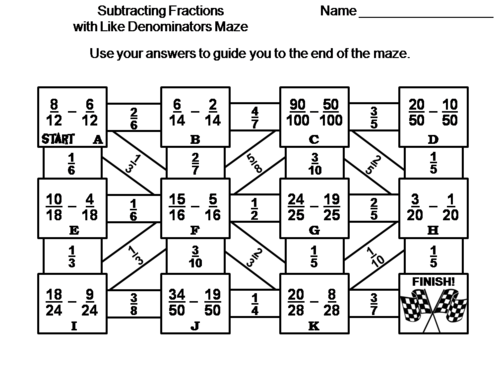 Subtracting Fractions With Like Denominators Game: Math Maze | Teaching Resources