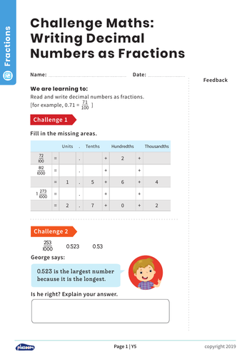 Writing Decimal Numbers as Fractions: Y5 – Fractions – Maths Challenge