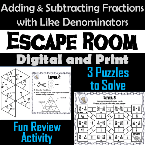 Adding and Subtracting Fractions with Like Denominators Game: Math Escape Room