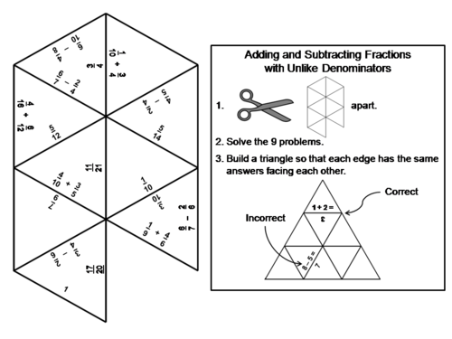 Adding and Subtracting Fractions with Unike Denominators Game Math Tarsia Puzzle