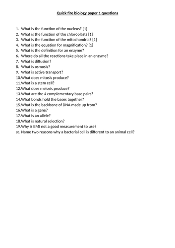 Combined Science Quick Fire Questions