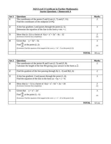 Revision questions for the AQA Level 2 Certificate in Further Mathematics