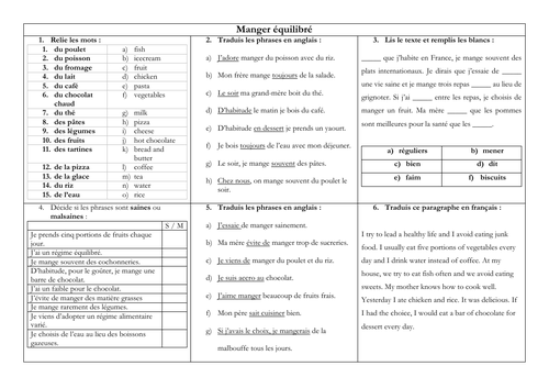 French GCSE manger équilibré: food and  healthy diet key vocabulary & translation practice