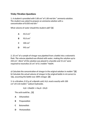 A LEVEL CHEMISTRY - TITRATION AND DILUTION QUESTIONS