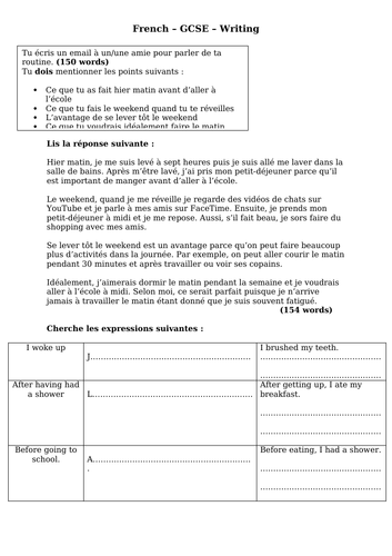 French - GCSE - writing  - routine (150 word model answer - complex structures)
