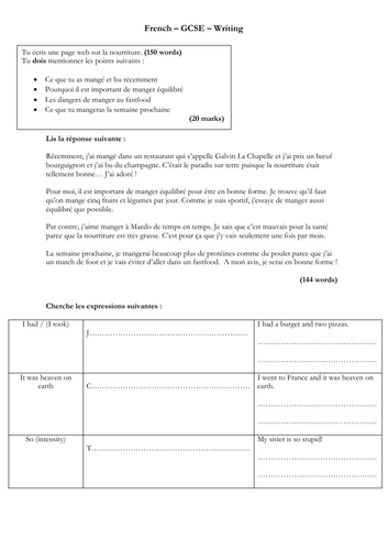 French - GCSE - writing - la nourriture (150 word model answer - complex structures)