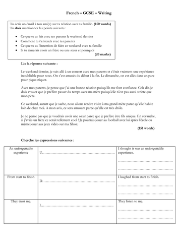 French - GCSE - writing - la famille  (150 word model answer - complex structures)