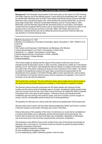 Primary sources - Hitler's foreign policy; Hossbach and Mein Kampf