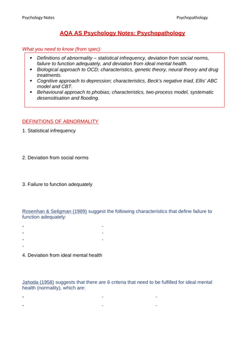 Psychopathology Note-Taking Template (AS Psych)