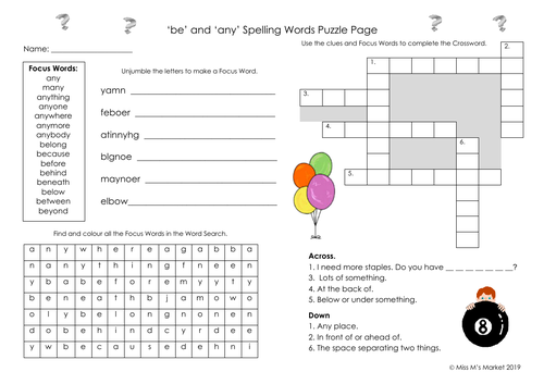 'be' & 'any' Spelling Puzzle Page