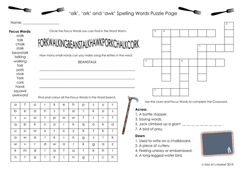 'alk', 'awk' & 'ork' Spelling Puzzle Pg