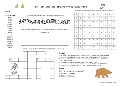 'air', 'are' & 'ear' Spelling Puzzle Pg