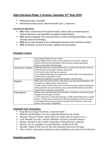 AQA GCSE English Literature Paper 1 revision booklet (Macbeth and Jekyll and Hyde)
