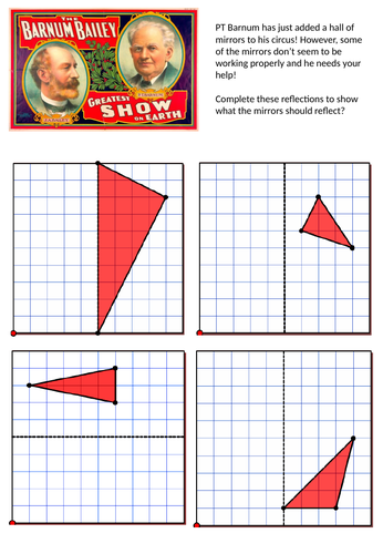 Reflection and translation Circus Hall of Mirrors themed worksheet