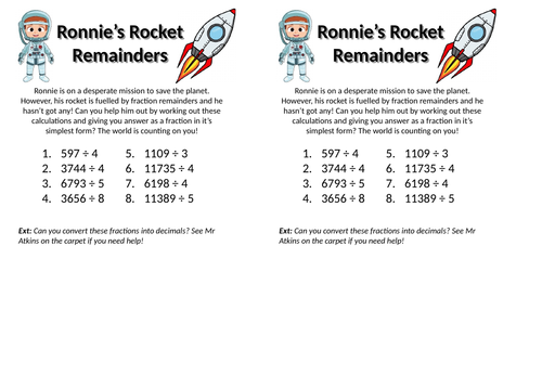 Fraction remainders - space theme