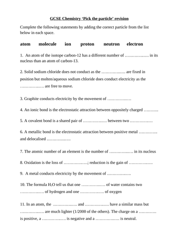 pick the particle gcse chemistry revision sheet teaching resources