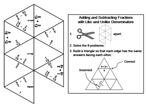 Adding and Subtracting Fractions with Like and Unike Denominators Tarsia Puzzle