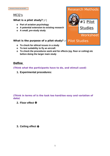 Pilot Studies, Research Methods Worksheet:  what are they and why do them?