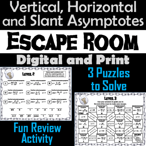 Slant, Vertical and Horizontal Asymptotes Activity: Math Escape Room Algebra