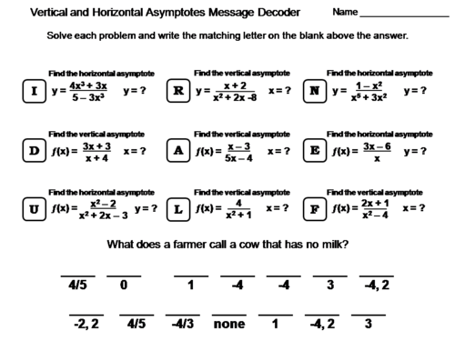 Vertical and Horizontal Asymptotes Activity: Math Message Decoder