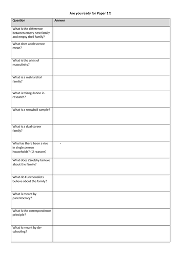 GCSE Sociology- AQA- Families & Education- Review questions and answers