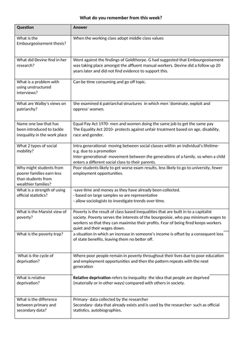 GCSE Sociology- AQA- Social Stratification- Review questions and answers- part 2