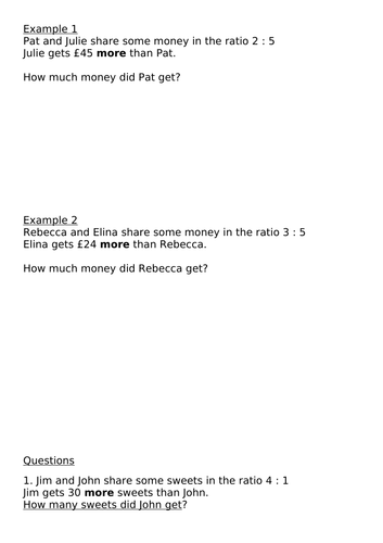 Sharing Ratio ' More Than' Worksheet