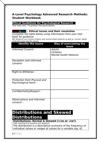 Research Methods, a workbook (23pages) covering some advanced issues for A-Level Psychology