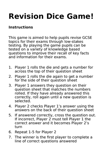 AQA GCSE Biology B2 Revision Dice Game - Paper 2