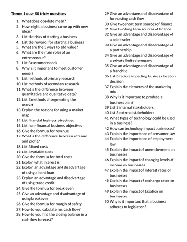 Gcse business revision quiz theme 1 teaching resources