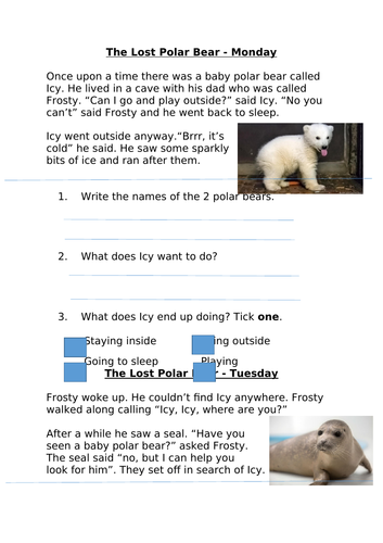 The Lost Polar Bear Story Comprehension Year 2 Age Related