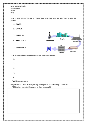 AQA 9-1 GCSE Business Studies Types of Sectors Worksheet Pack