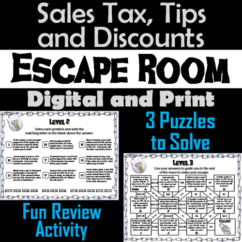 Sales Tax, Tips, and Discounts Activity: Escape Room Math