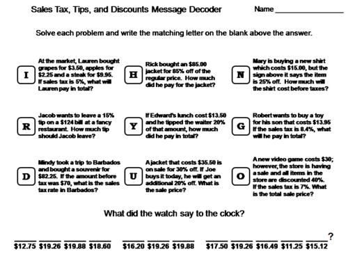 Sales Tax, Tips, Discounts Activity: Math Message Decoder