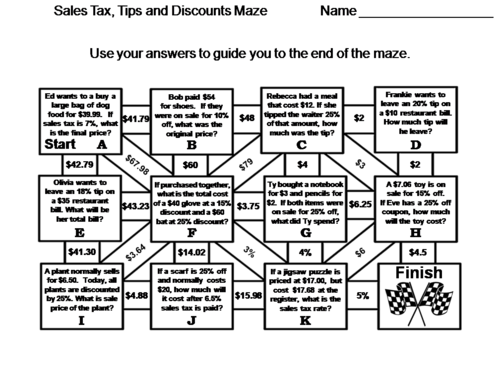 Sales Tax, Tips and Discounts Game: Math Maze