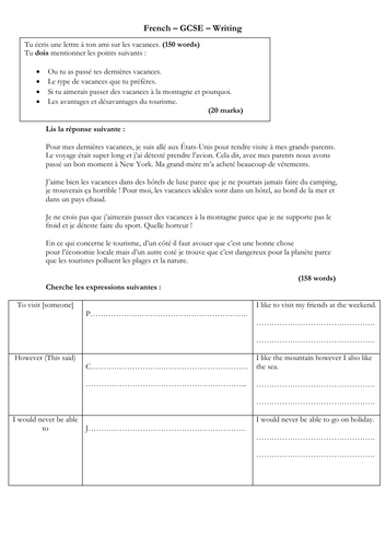 French - GCSE - writing - les vacances (150 word model answer - complex structures)