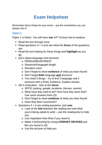 Exam Revision Help sheet