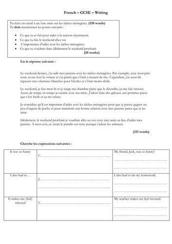 French - GCSE - writing - chores - les tâches ménagères (150 word model answer - complex structures)