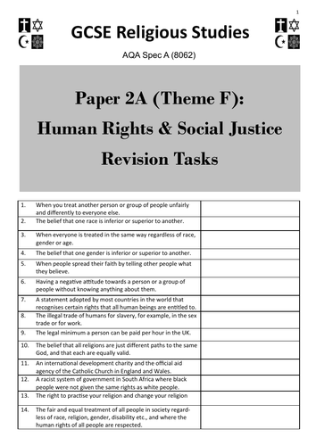 Human Rights & Social J (Theme F: AQA GCSE Religious Studies) - student revision activities booklet