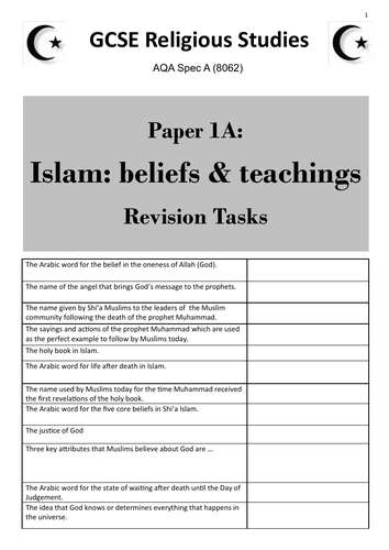 Islam: Beliefs & T (AQA GCSE Religious Studies Paper 1) - student revision activities booklet