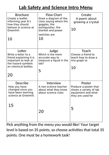 KS3 Lab Safety Menu Activity
