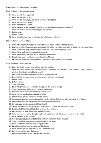 GCSE physics paper 2 short answer revision questions (x114) edexcel spec