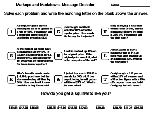 Markups and Markdowns Activity: Math Message Decoder