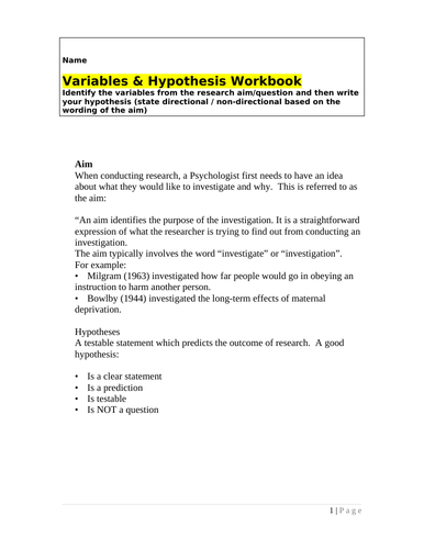 Research Methods Workbook: Variables and Hypotheses for A-Level Psychology