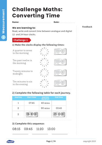 Converting Time on Clocks: Y4 – Measurement – Maths Challenge ...