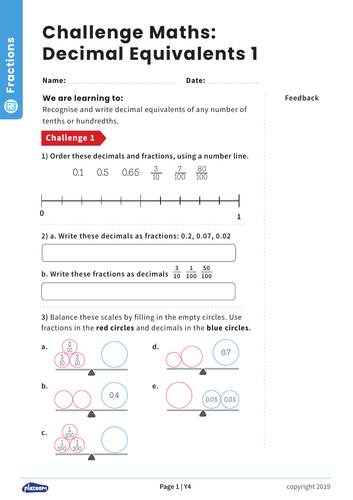 Decimal Equivalents – Tenths and Hundredths: Y4 – Fractions – Maths Challenge