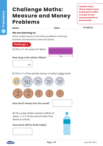 Measure and Money Problems: Y4 – Fractions – Maths Challenge